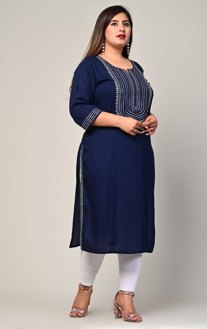 Angled front showing deep side slit and stripe cuff detail on plus size navy rayon kurti, big size friendly