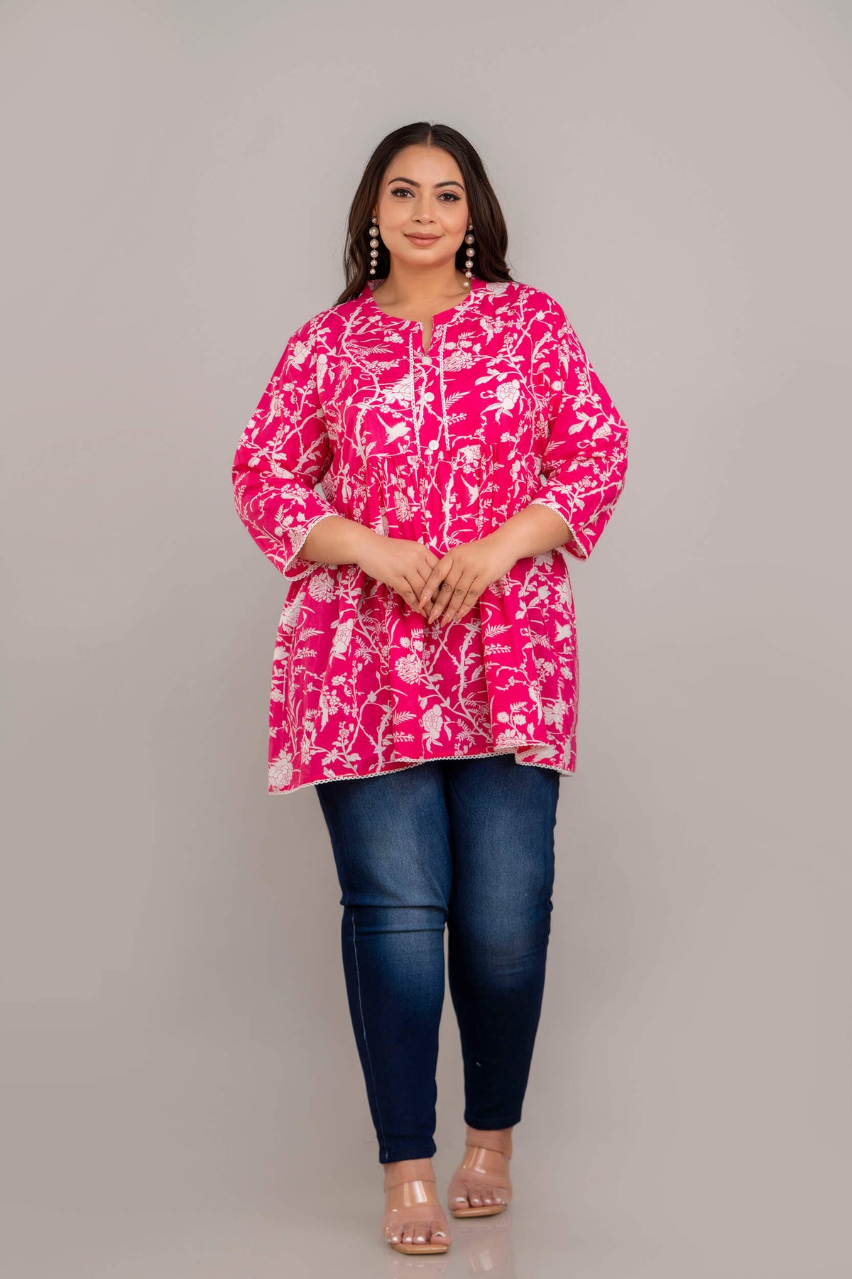 Full Look of Plus Size Pink and White Rayon Floral Short Kurti Tunic for Curvy and Full-Figure Women
