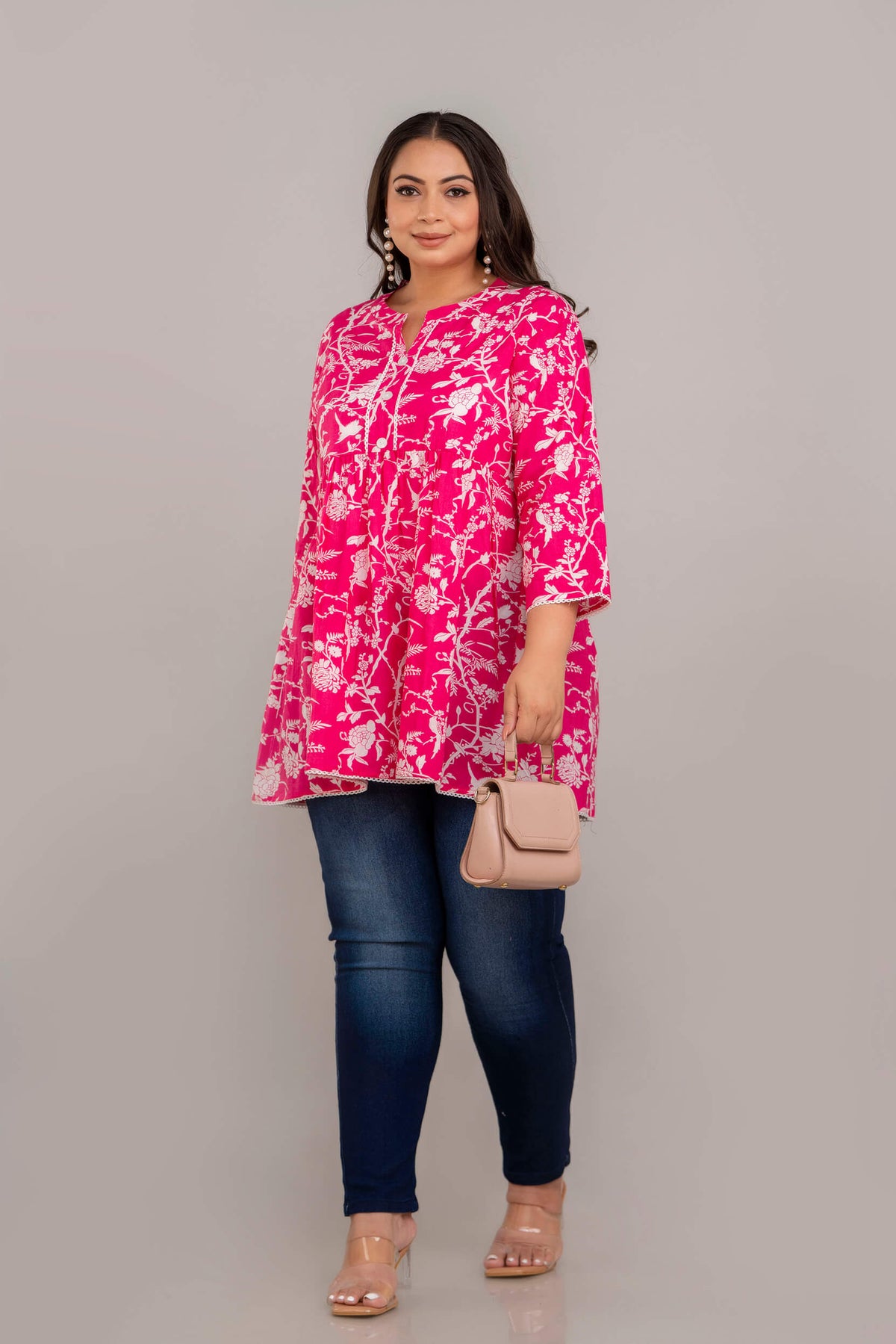 Plus Size Pink and White Rayon Short Kurti Tunic Styled with Bag – Big Size Outfit for Fat Women