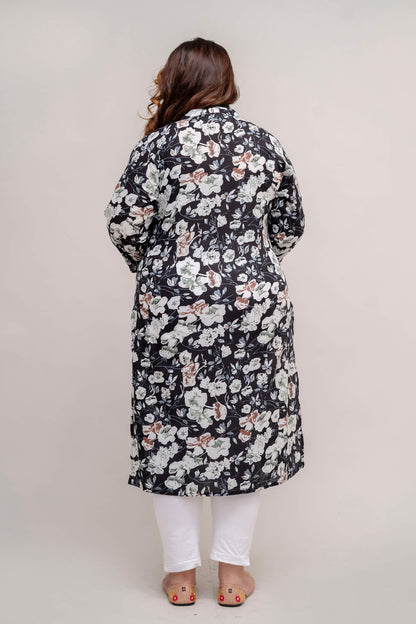 Plus Size black cotton kurti floral print, back view, breathable everyday wear for curvy women, big size clothing 3XL–9XL