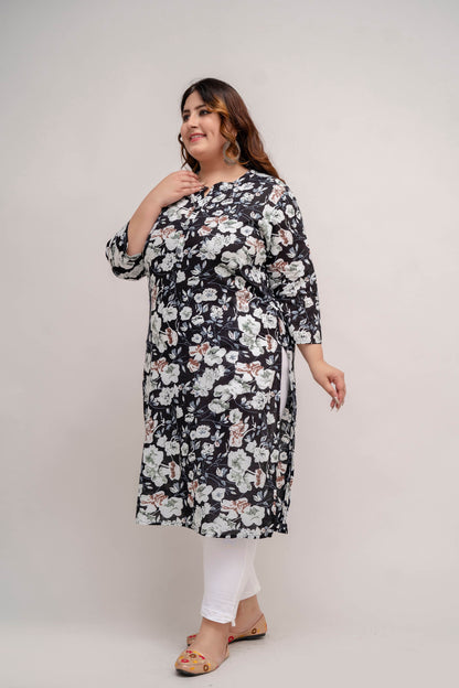 Side angle of black cotton kurti, straight fit with side slits, soft floral print for curvy women, Plus Size 3XL–9XL