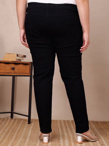 Back view of black jeggings with curved patch pockets for plus size and fat women – Curvisha