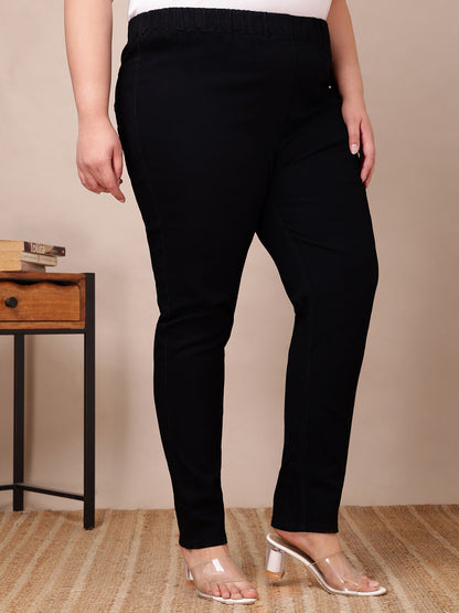 Front close-up of black stretch jeggings for plus size & fat women showing soft waistband – Curvisha