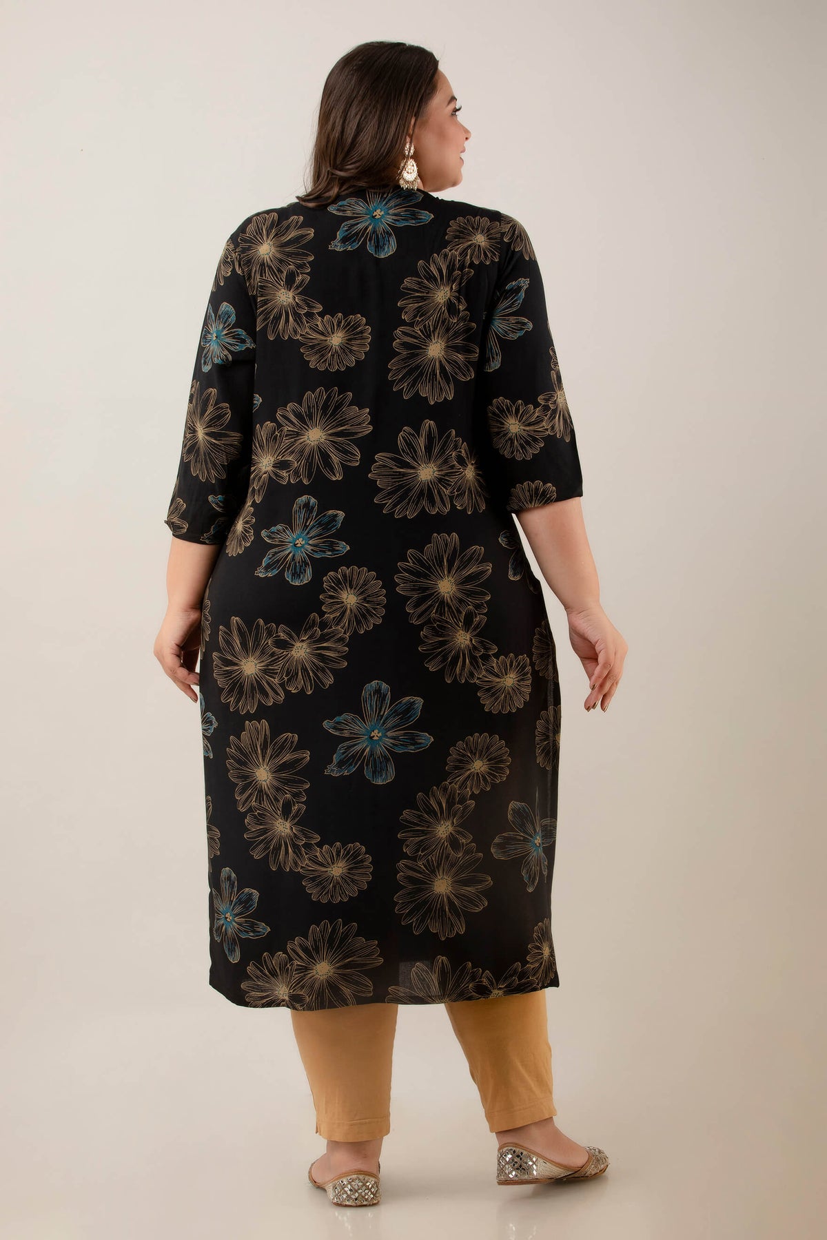 Back view of black rayon discharge-print kurti with 3/4 sleeves and side slits, 3XL–10XL