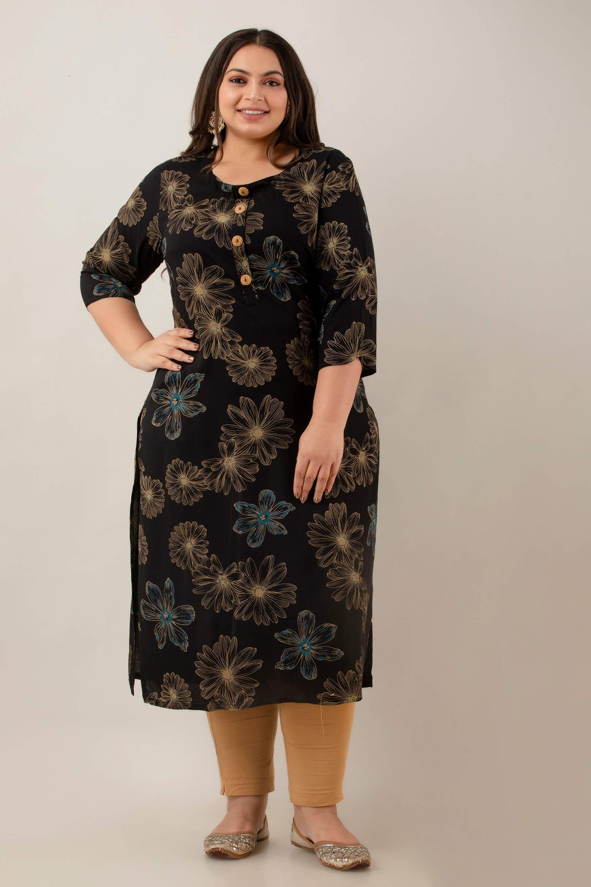 Plus size black rayon discharge-print kurti front view with olive vine print, women's sizes 3XL–10XL