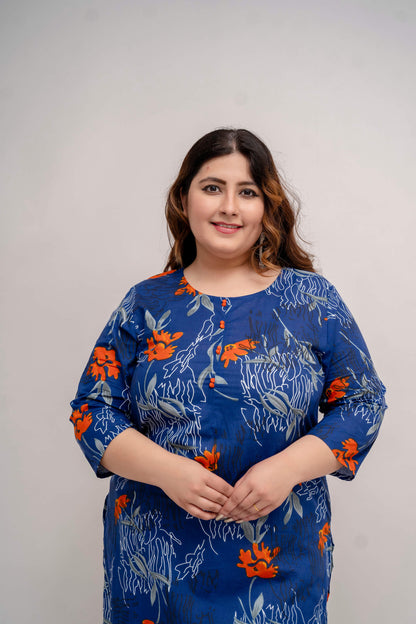Fabric and floral print closeup of blue cotton kurti, lightweight breathable cotton for big size clothing, 3XL–9XL