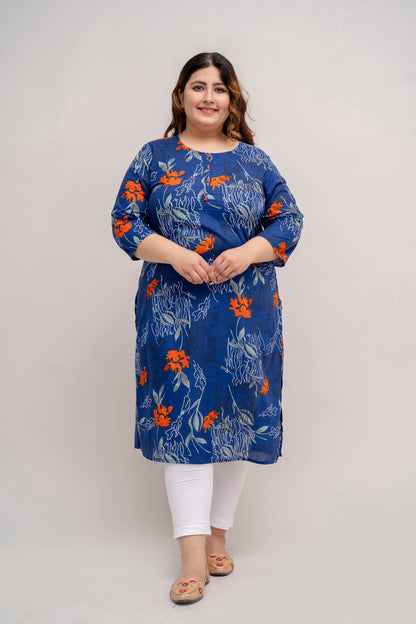 Front view of Plus Size blue floral cotton kurti with round neck and 3/4 sleeves, comfortable fit for women 3XL–9XL