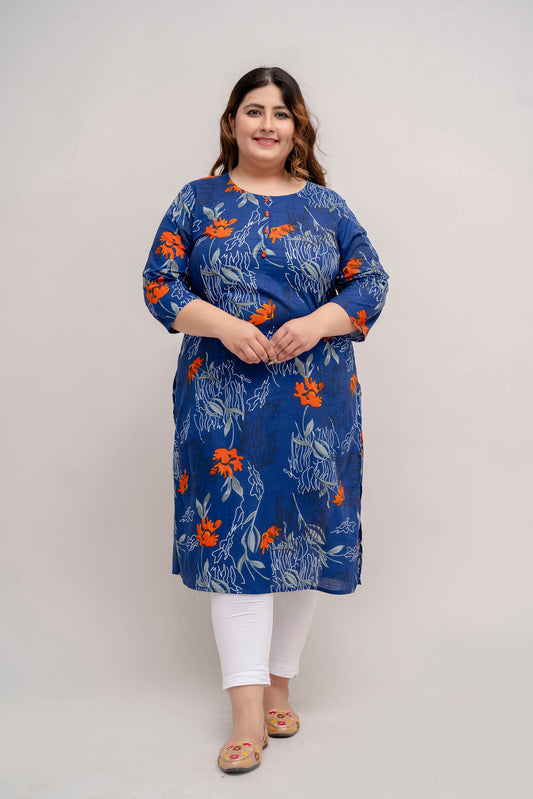 Front view of Plus Size blue floral cotton kurti with round neck and 3/4 sleeves, comfortable fit for women 3XL–9XL