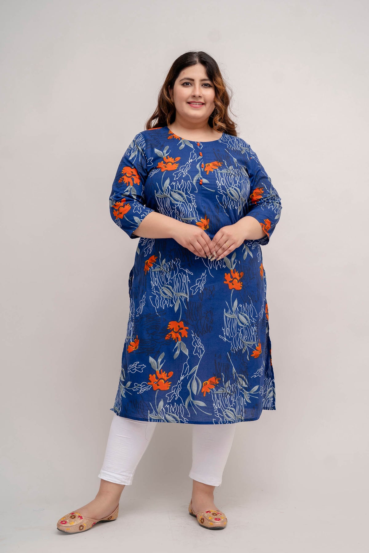 Side angle of blue cotton kurti, straight fit with side slits, vibrant floral print for curvy women, Plus Size 3XL–9XL