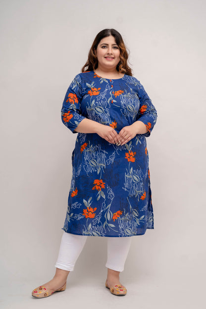 Side angle of blue cotton kurti, straight fit with side slits, vibrant floral print for curvy women, Plus Size 3XL–9XL