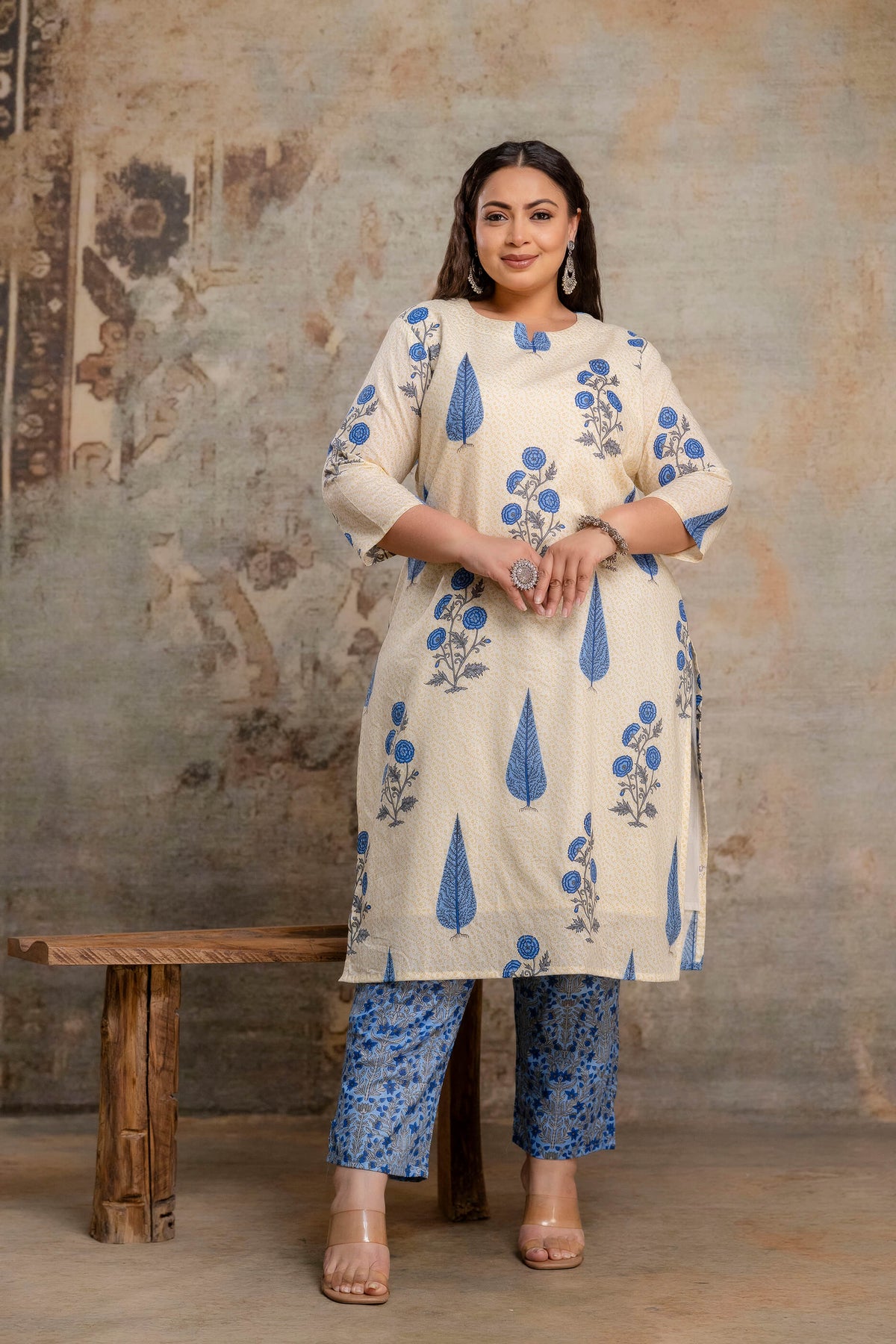 Plus size fat women blue cotton kurti pant dupatta set front view fat women clothing