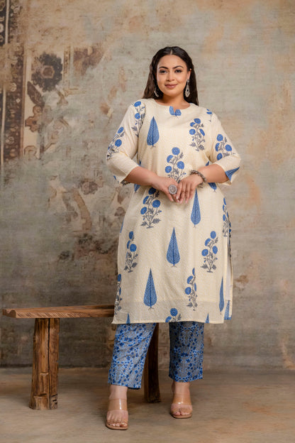 Plus size fat women blue cotton kurti pant dupatta set front view fat women clothing