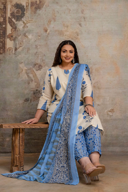 Plus size fat women blue cotton kurti pant dupatta lifestyle image for fat women