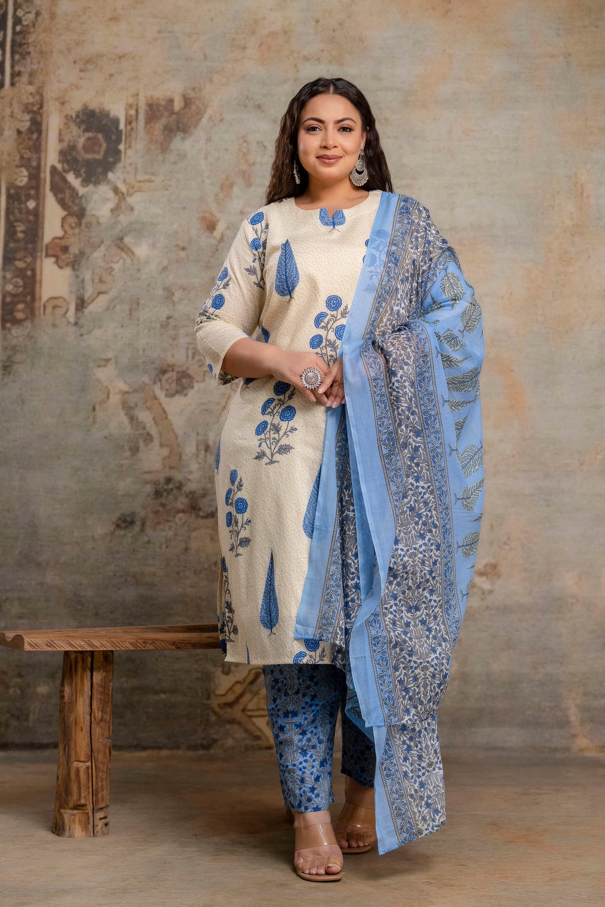 Plus size fat women blue kurti pant dupatta set with printed dupatta for fat women