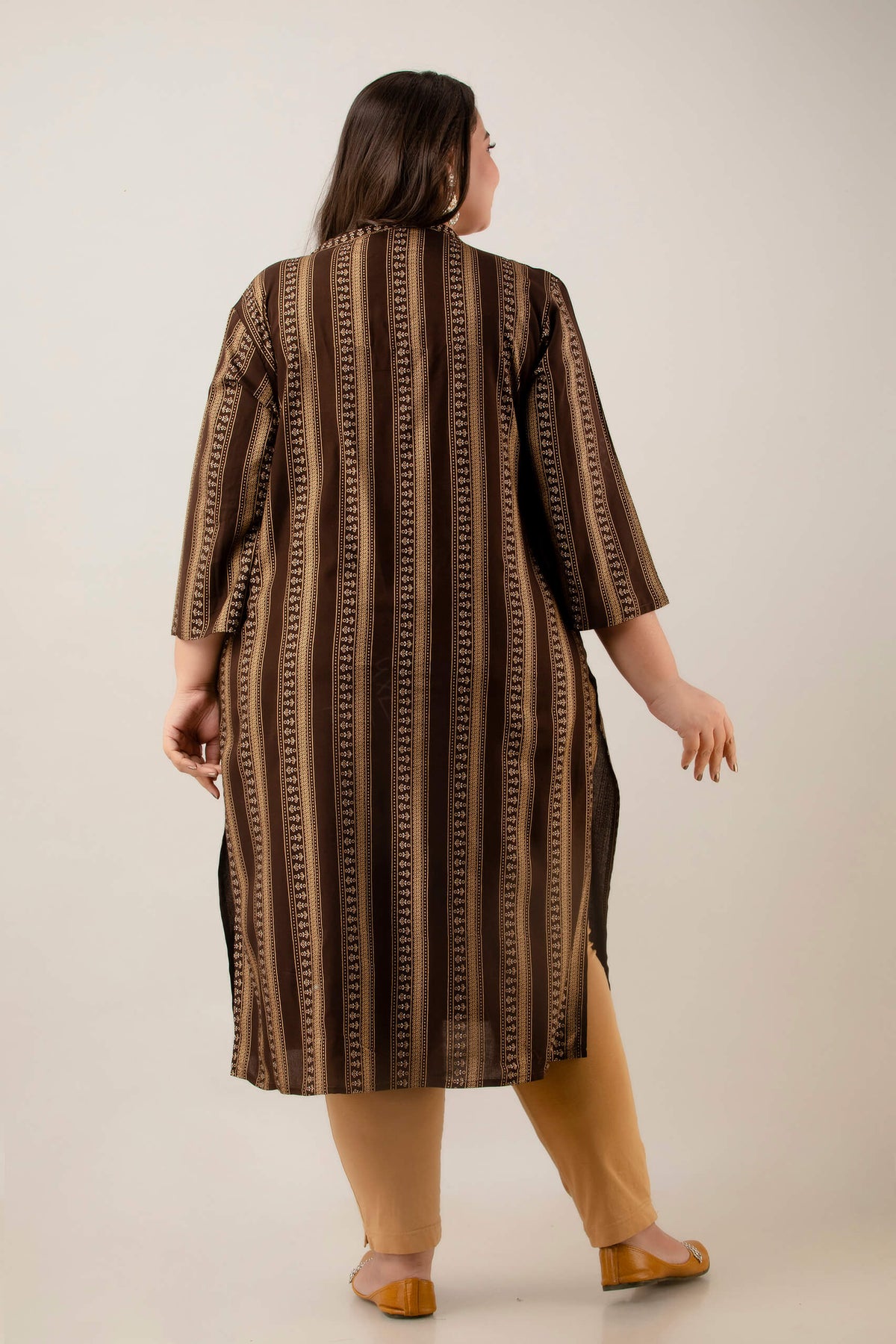 Back view coffee brown rayon kurti with vertical ethnic stripes; breathable straight fit; flattering everyday style for plus-size and fat women.
