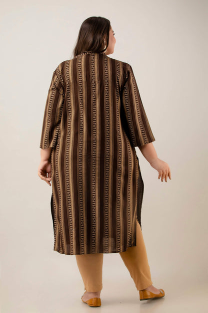 Back view coffee brown rayon kurti with vertical ethnic stripes; breathable straight fit; flattering everyday style for plus-size and fat women.