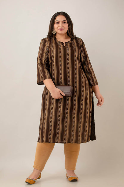 Styled look with beige leggings and juttis; coffee brown rayon kurti with vertical stripes; confidence-boosting, fat-friendly outfit.