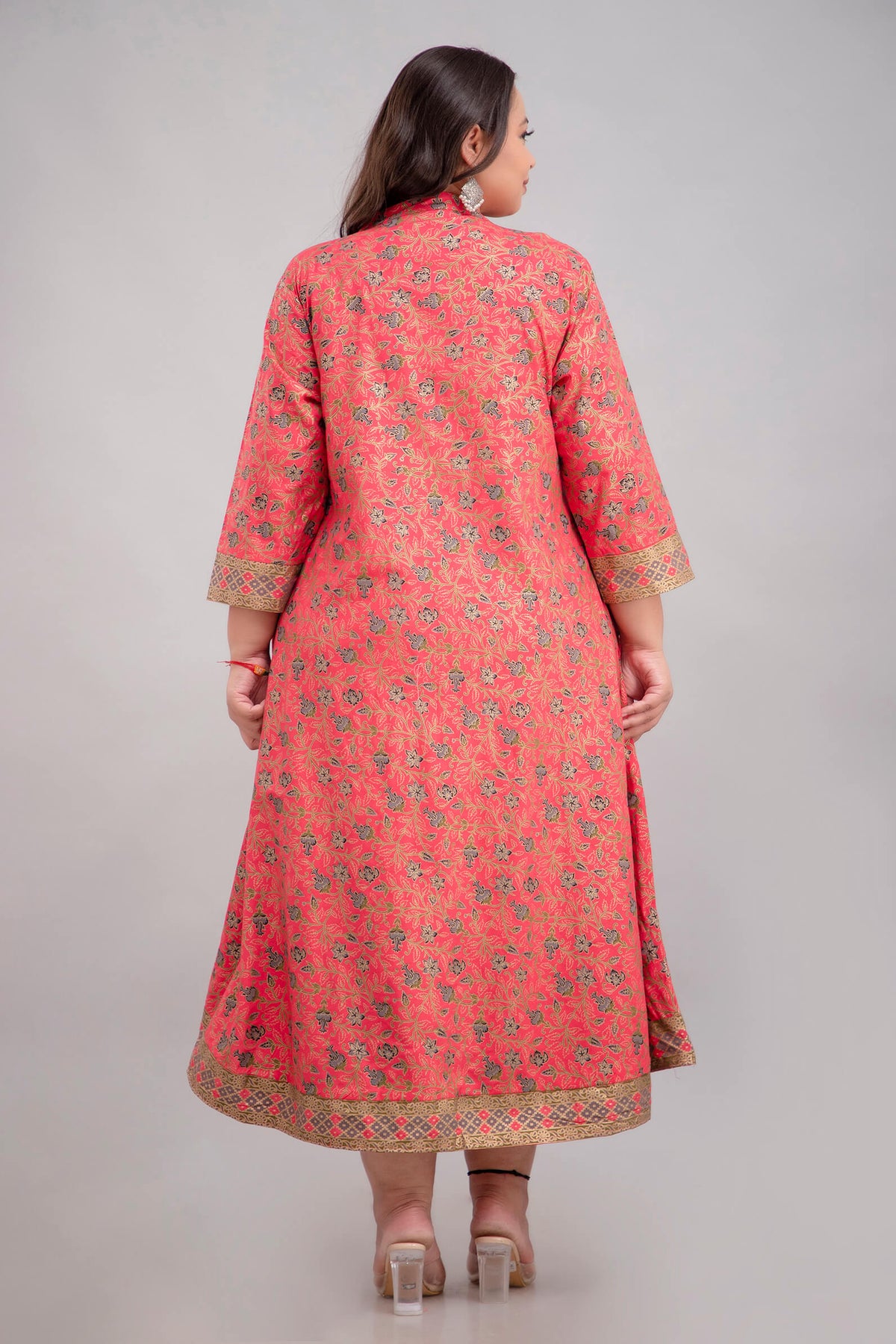 Plus Size Coral Pink Rayon Ethnic Gown Dress Back View for Fat Women 3XL–10XL