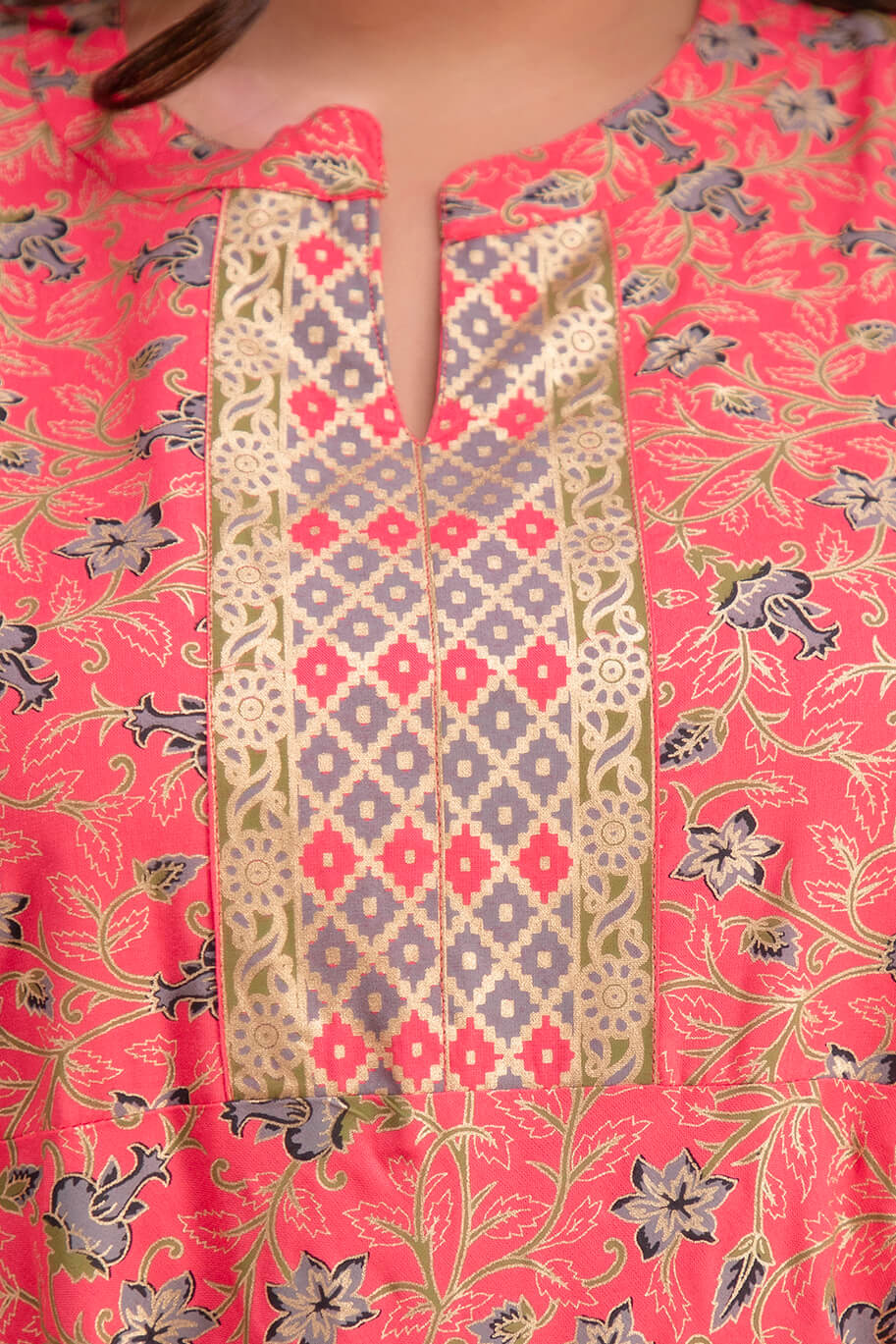  Coral Pink Rayon Gown Neckline and Print Detail for Curvy Fat Women