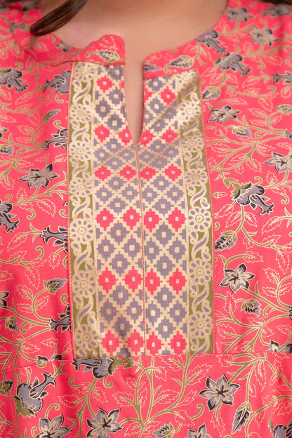  Coral Pink Rayon Gown Neckline and Print Detail for Curvy Fat Women