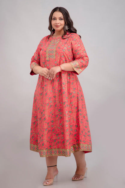 Plus Size Coral Pink Rayon Gathered Gown Dress Front View for Fat Women 3XL–10XL