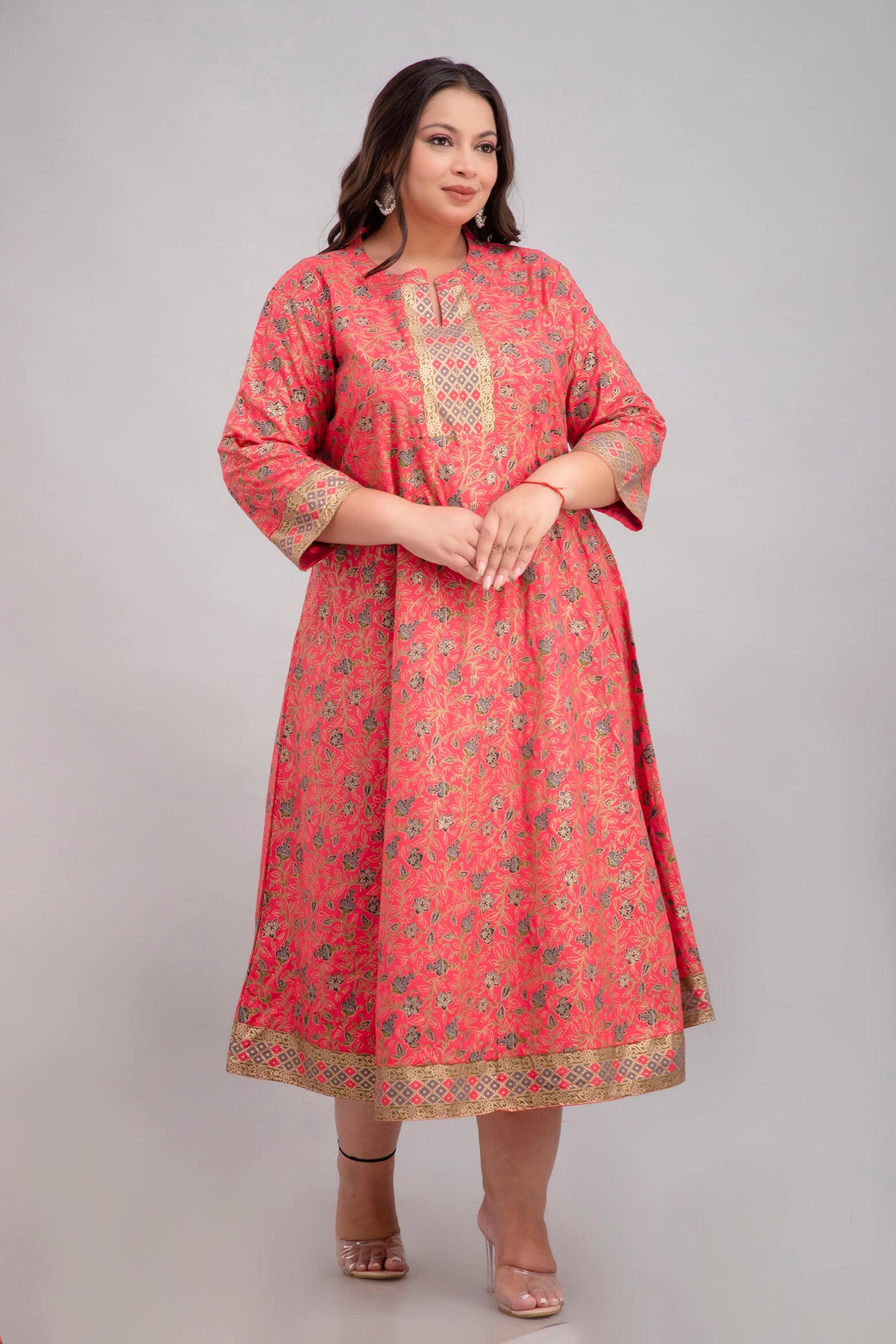 Big Size Coral Pink Rayon Flared Gown for Fat Women 3XL–10XL