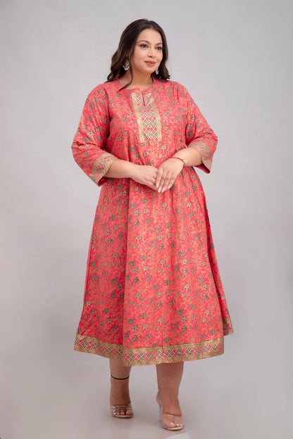 Big Size Coral Pink Rayon Flared Gown for Fat Women 3XL–10XL