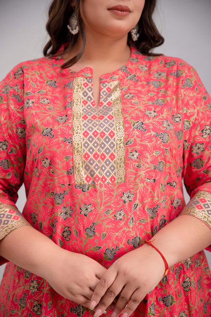 Plus Size Coral Pink Rayon Gown Printed Sleeve and Yoke Detail for Fat Women