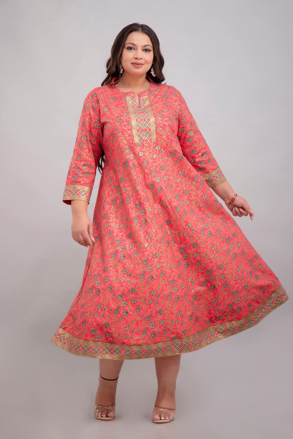 Plus Size Coral Pink Rayon Gathered Gown Styled Look for Fat and Curvy Women 3XL–10XL