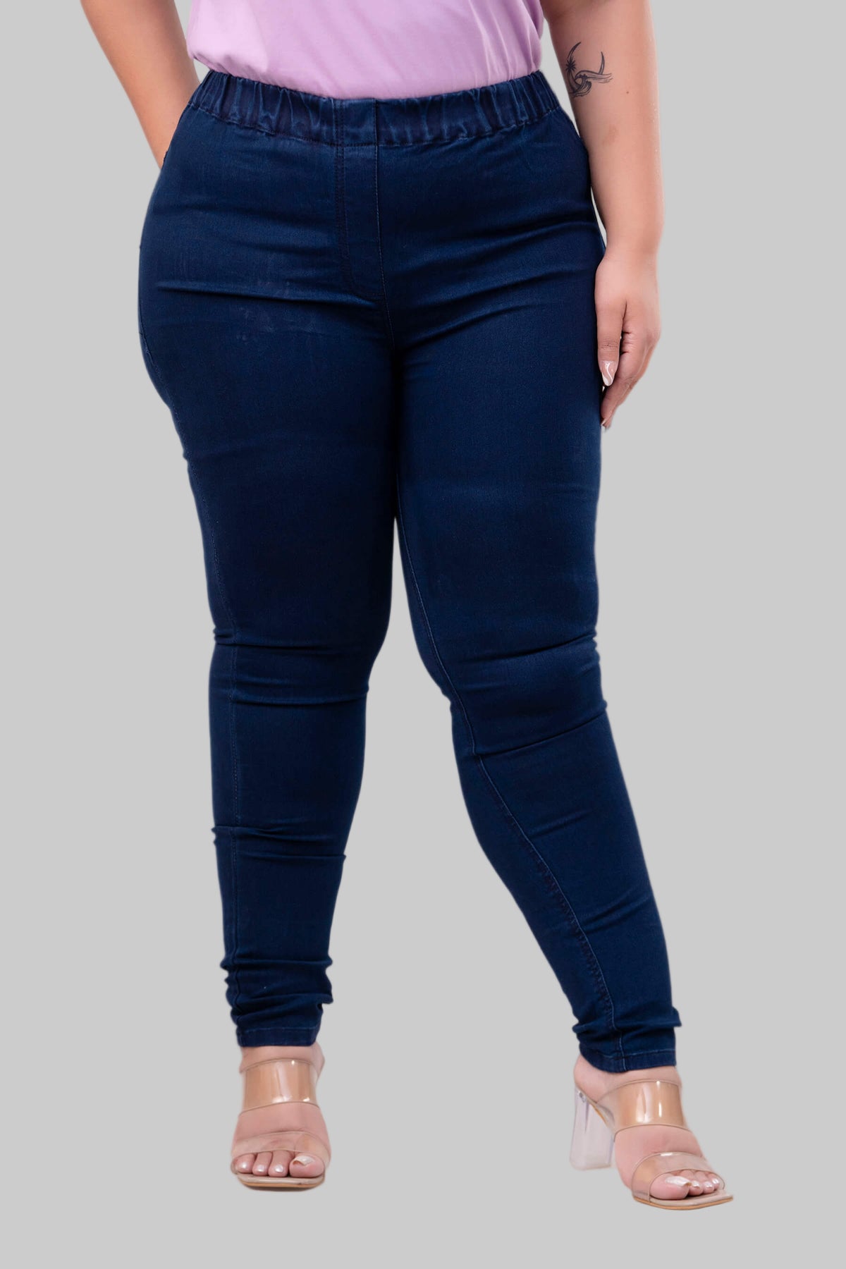 Front close-up of dark blue jeggings showing waistband and sleek fit for curvy and fat women – Curvisha