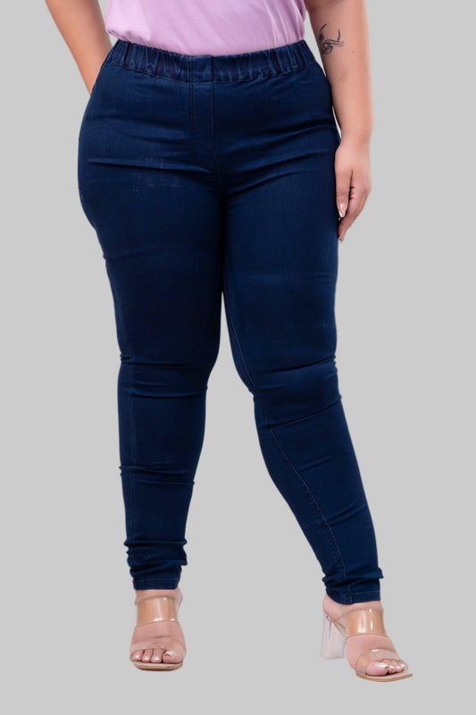 Front close-up of dark blue jeggings showing waistband and sleek fit for curvy and fat women – Curvisha