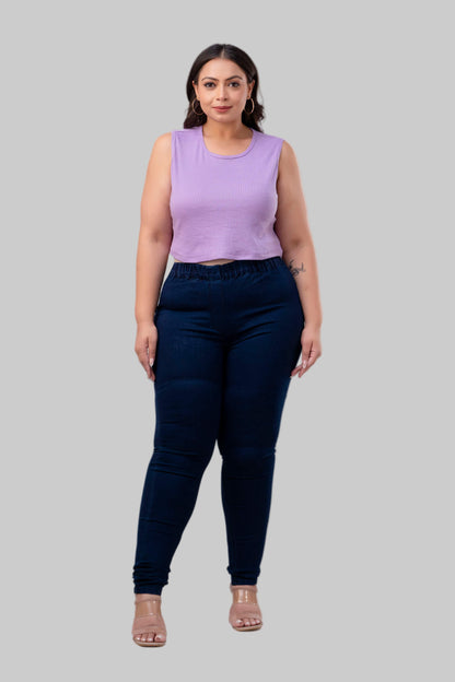 Side view of dark blue stretch denim jeggings for plus size women with comfy pull-on style – Curvisha