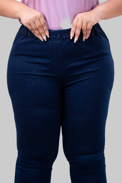 Waistband close-up of dark blue jeggings for curvy women showing soft stretch detail – Curvisha