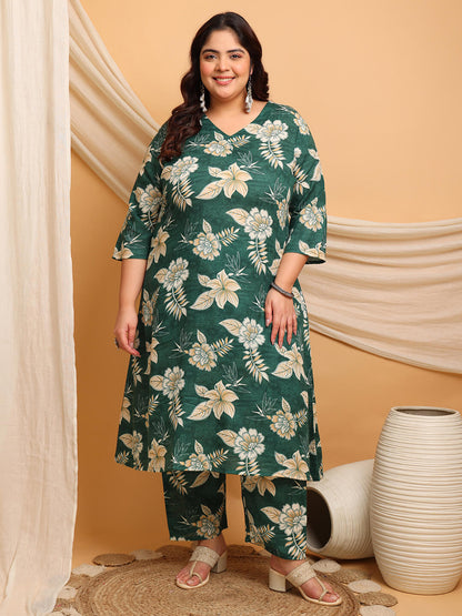 Plus Size Green Cotton Floral Kurti Pant Set for Curvy Women – Curvisha