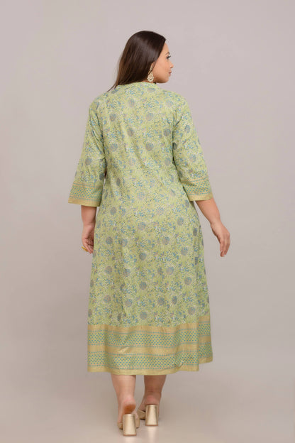 Back View of Plus Size Light Green Rayon Printed Gathered Gown for Curvy Women