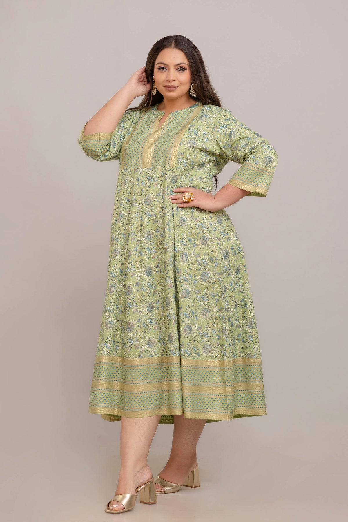 Plus Size Light Green Rayon Printed Gathered Gown Front View for Curvy Women 3XL–10XL
