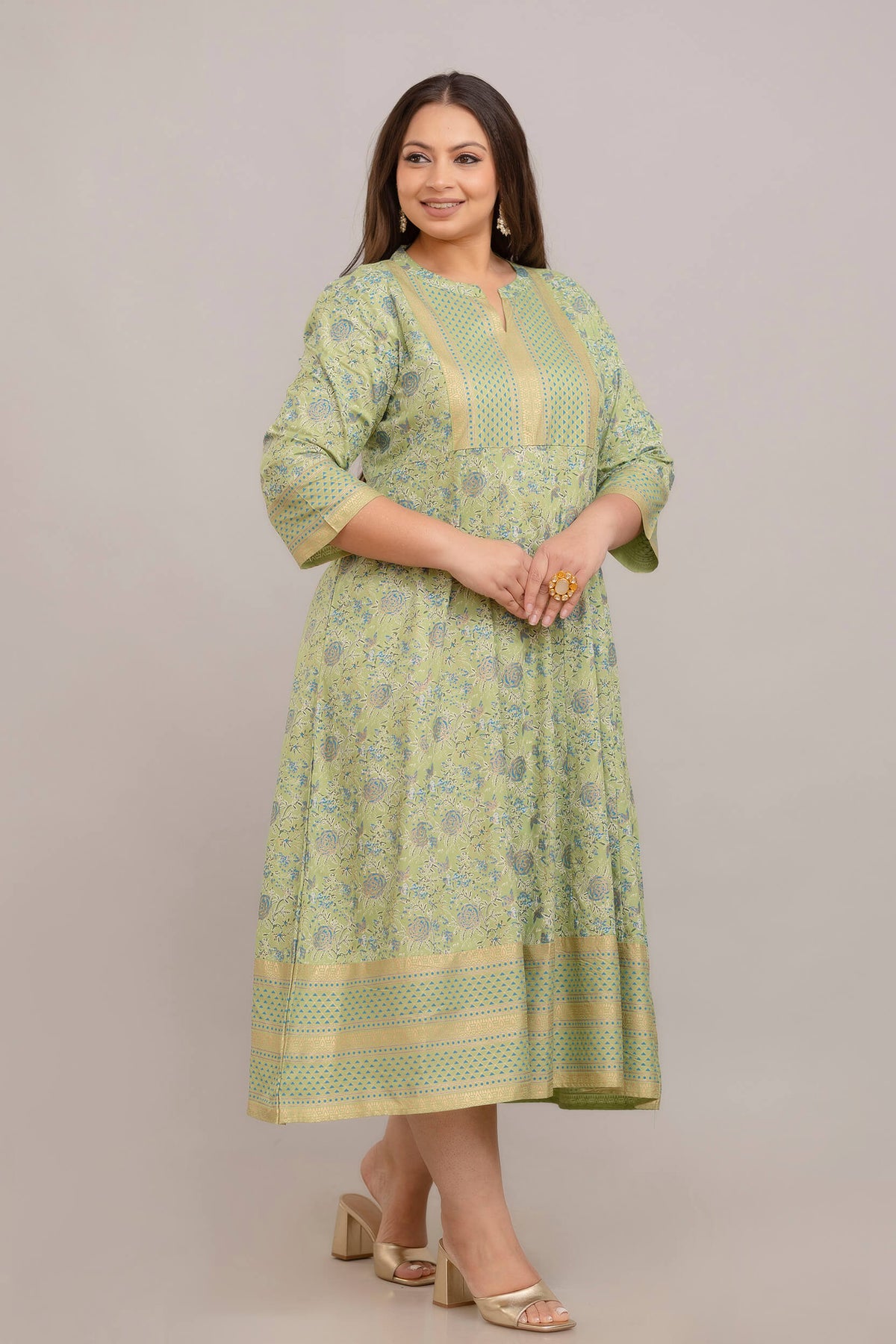 Light Green Rayon Printed Gown Side Pose for Curvy Women 3XL–10XL