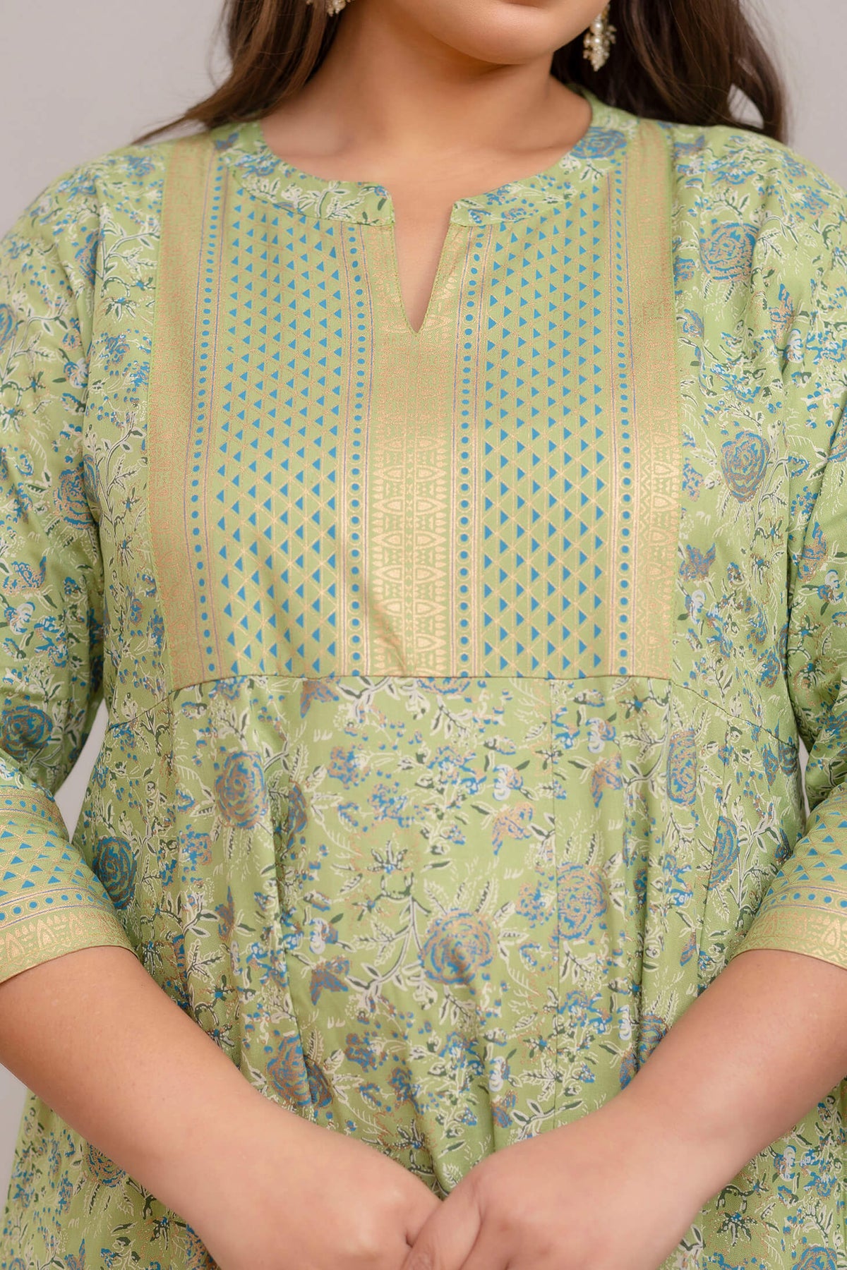Plus Size Light Green Rayon Gown Sleeve and Print Detail for Fat Friendly Design