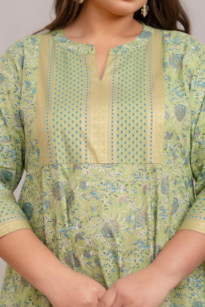 Plus Size Light Green Rayon Gown Sleeve and Print Detail for Fat Friendly Design