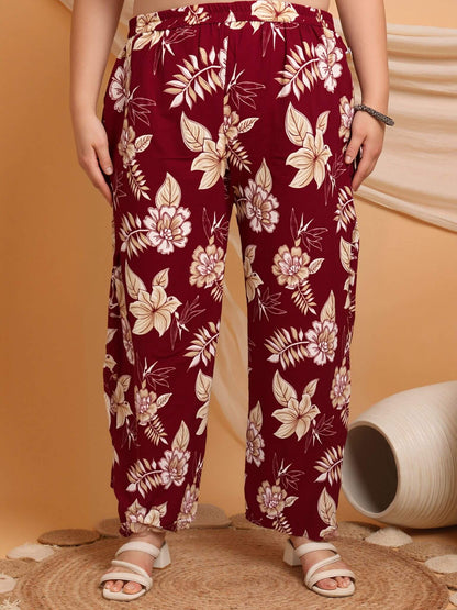 Close-up of maroon cotton floral printed pants with elastic waistband, breathable cotton comfort for curvy women – Curvisha