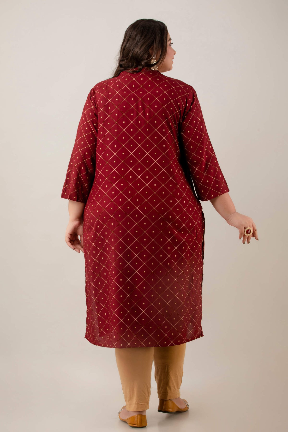 Back view of maroon rayon kurti with diamond-dot grid; breathable straight fit with side slits; flattering everyday style for plus-size and fat women.
