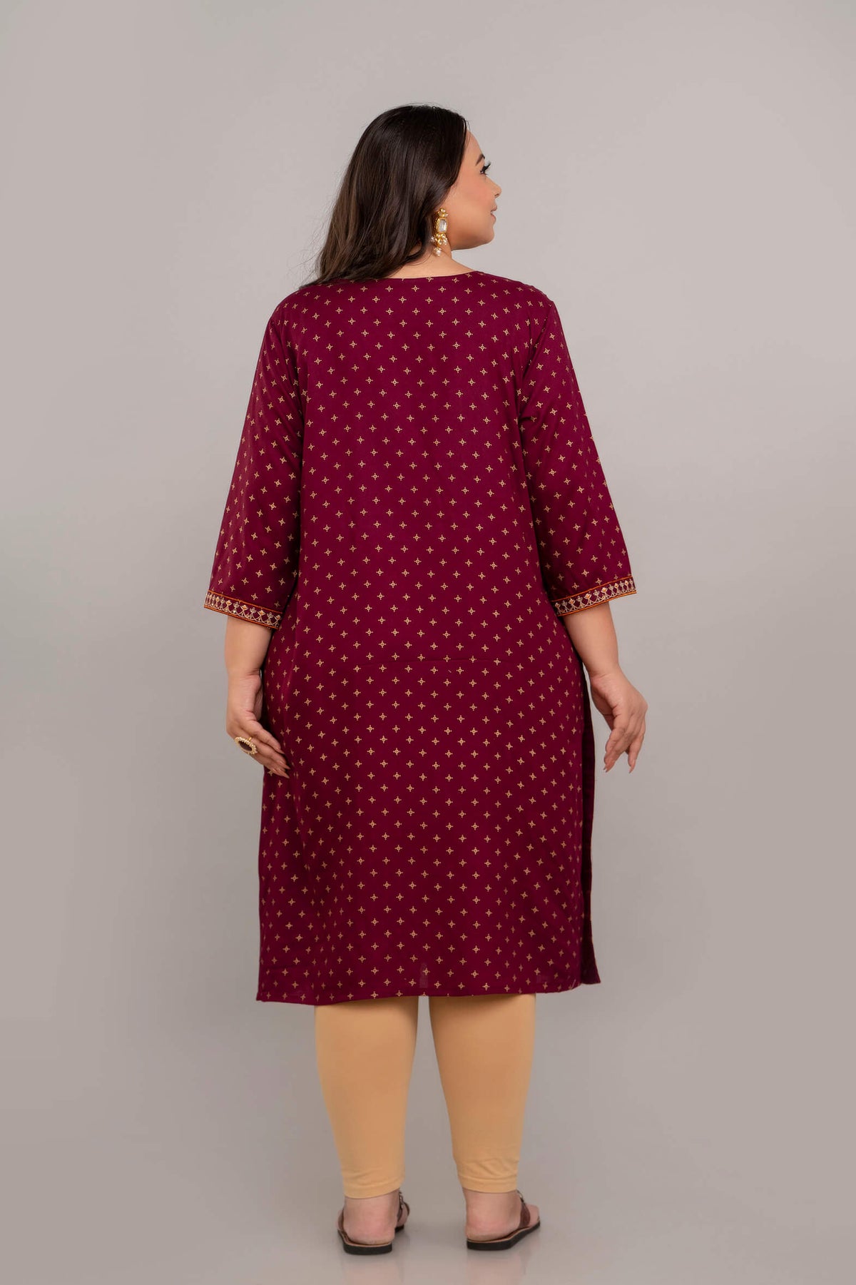 Back view of maroon rayon plus size kurti with tiny gold motifs, women 3XL–10XL