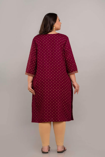 Back view of maroon rayon plus size kurti with tiny gold motifs, women 3XL–10XL