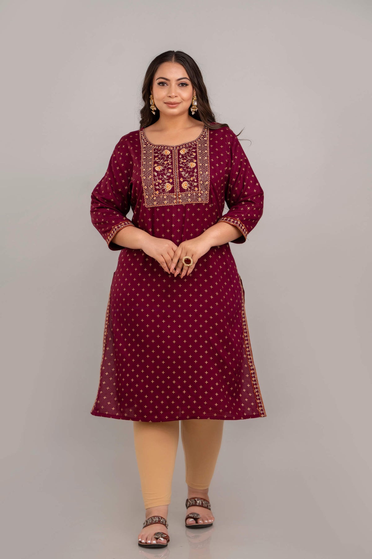 Plus size maroon rayon kurti with embroidered yoke and all-over motifs, front view, women 3XL–10XL