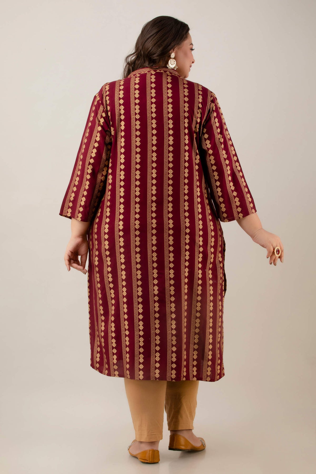 Back view of maroon rayon plus size kurti with vertical gold print, women 3XL–10XL
