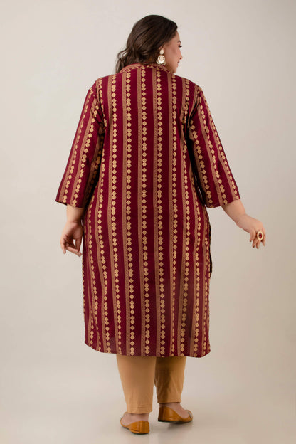 Back view of maroon rayon plus size kurti with vertical gold print, women 3XL–10XL
