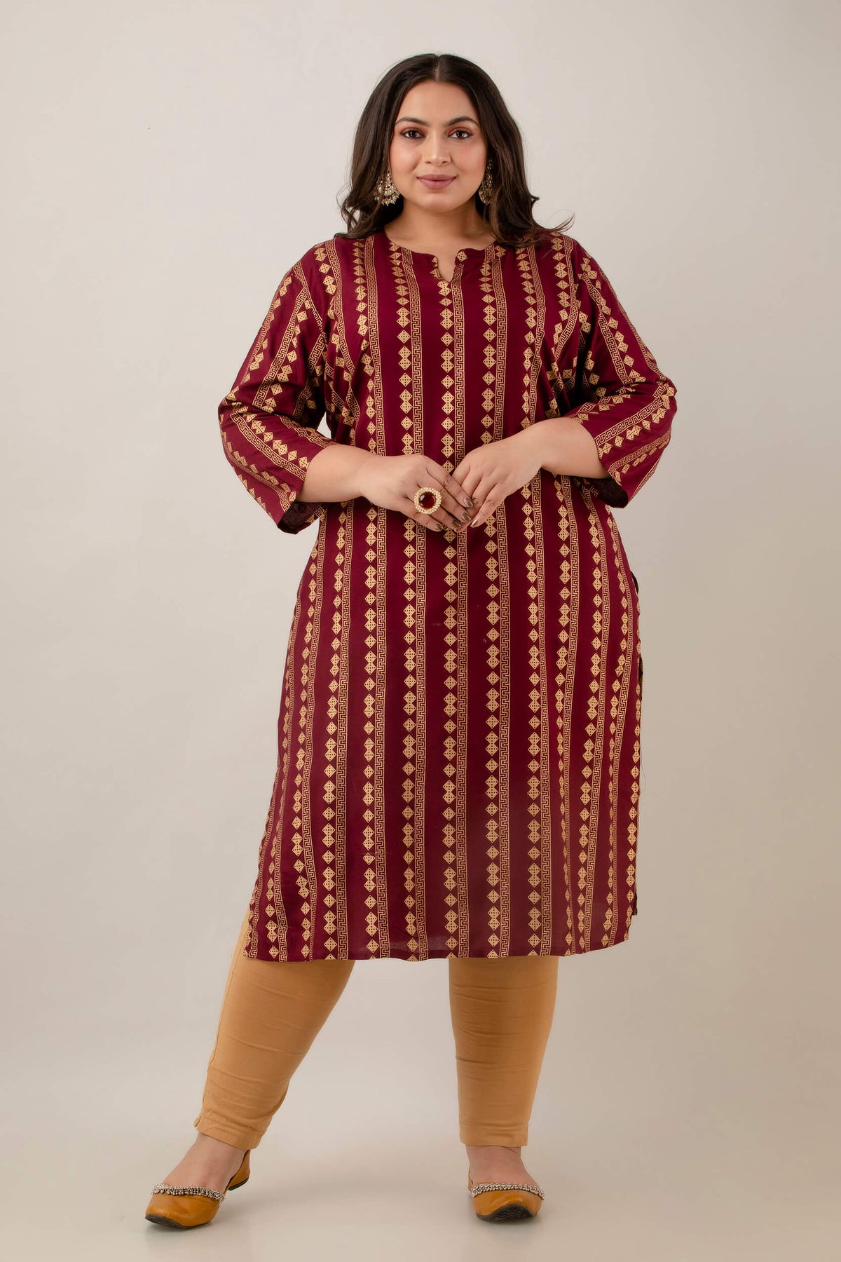 Plus size maroon rayon kurti with vertical gold geometric stripes, front view, women 3XL–10XL