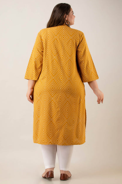 Back view of mustard rayon geometric-diamond kurti; breathable straight fit with side slits; flattering everyday style for plus-size and fat women.