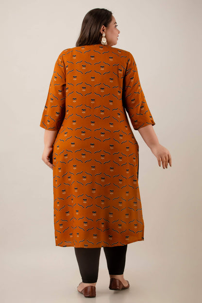 Plus Size mustard rayon kurti abstract print, back view, everyday wear for curvy women, big size clothing 3XL–9XL