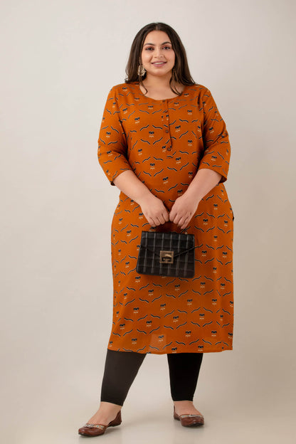 Side angle of mustard rayon kurti, straight fit with side slits, soft abstract print for curvy women, Plus Size 3XL–9XL